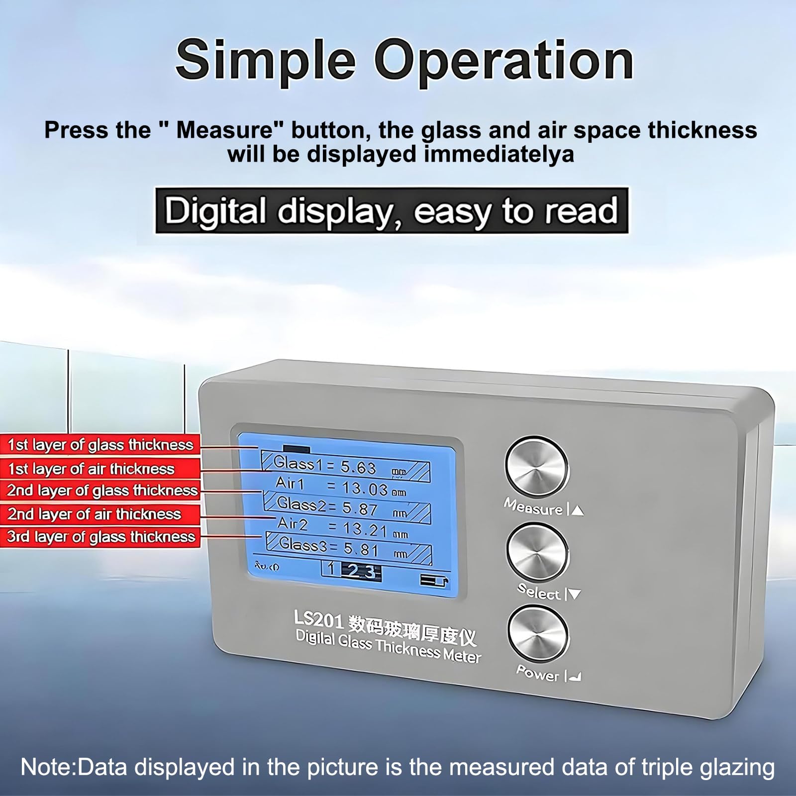 Misuratore Digitale per Doppio/Triplo Vetro, Rileva con Precisione 0,1mm Spessore Cristallo e Distanza d'Aria, Display LCD, Strumento Affidabile per Controlli qualità in Industria Vetraria