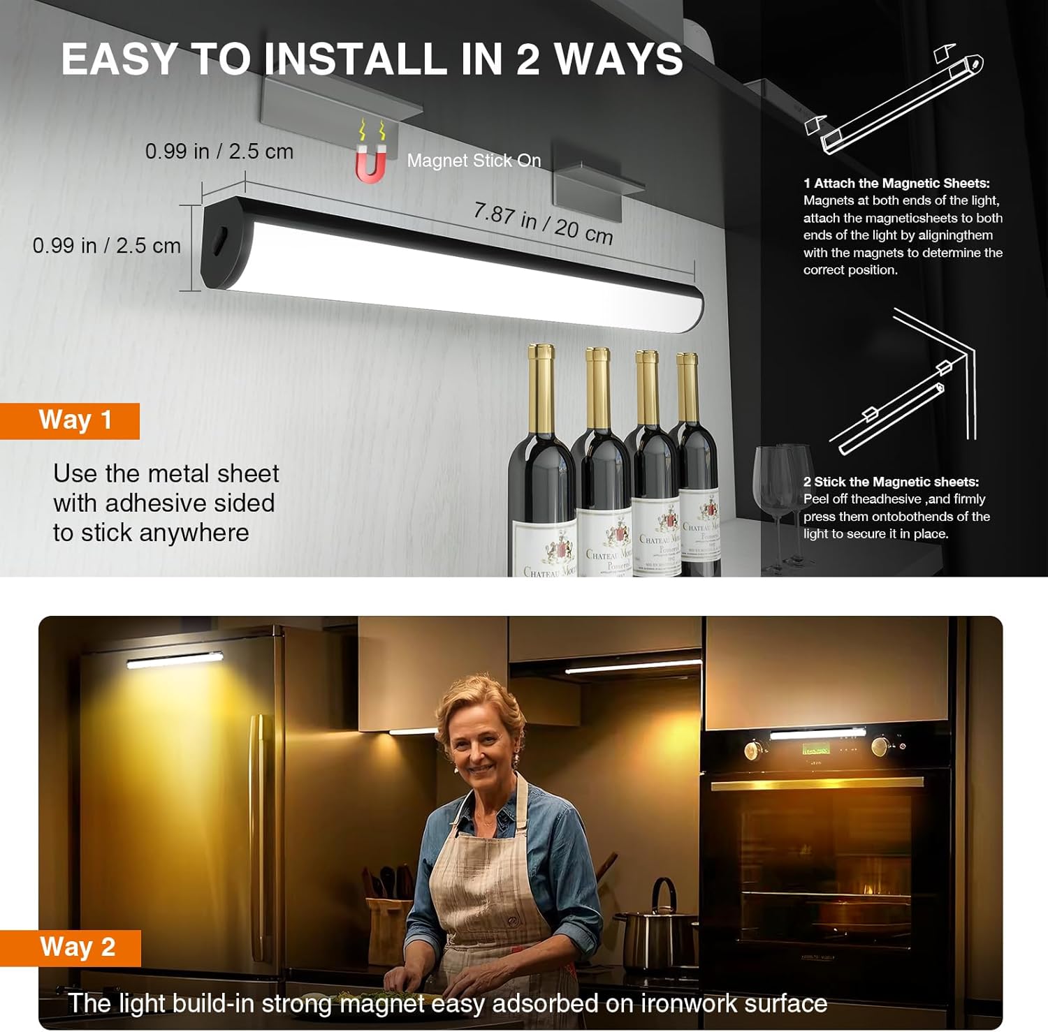 Under Cabinet Lighting Wireless with Remote,Rechargeable Battery Operated Closet Lights,3 Color Magnetic Dimmable led Strip Lights,Under Counter Lights for Kitchen,Shelf,Bedroom (Black-2PCS, 20cm)