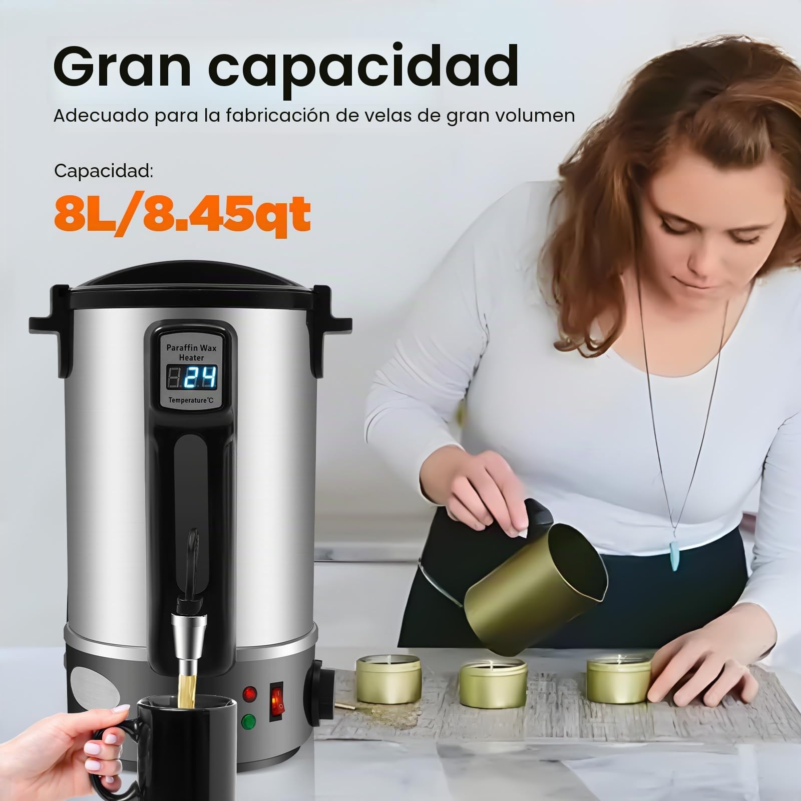 DAOHHFO Fusor de Cera para Velas 8L, Kit de Fabricación de velas con Boquilla Vertedora, cuchara mezcladora y Control de Temperatura, acero inoxidable, fácil de limpiar para velas, jabón