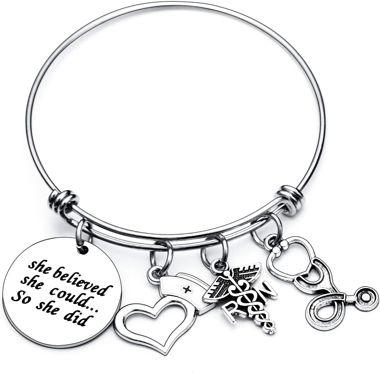 She Believed She Could Nurse Charm Bracelet - Expandable Bangle RN LPN Graduation Gift for Nursing Jewelry