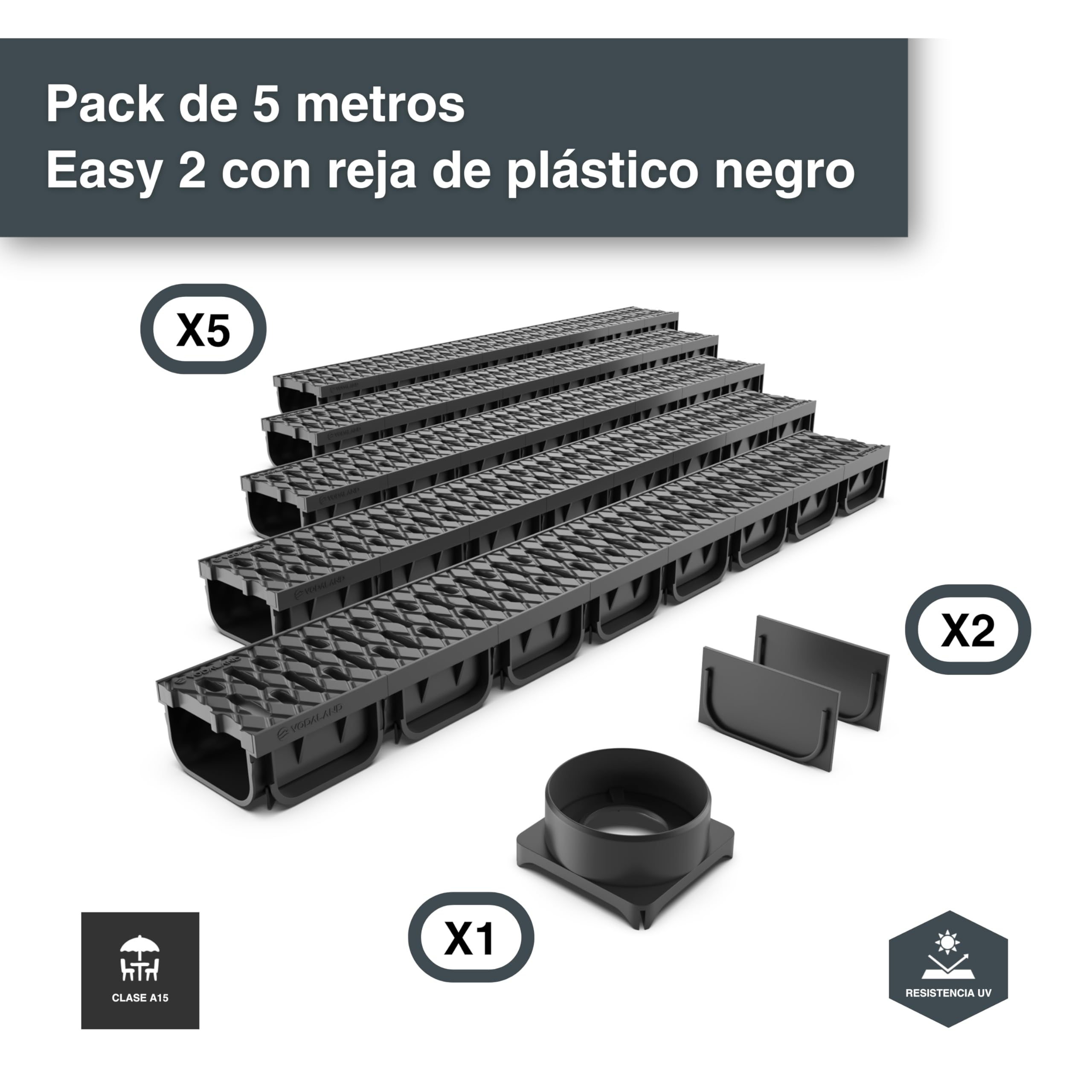 VODALAND EASY 2 - Canaleta de Desagüe de 5 Metros con Rejilla de Plástico Negro | Sistema de Drenaje para Jardines, Aguas Pluviales y Terrazas | Resistente, Fácil de Instalar| Kit Completo Drenaje
