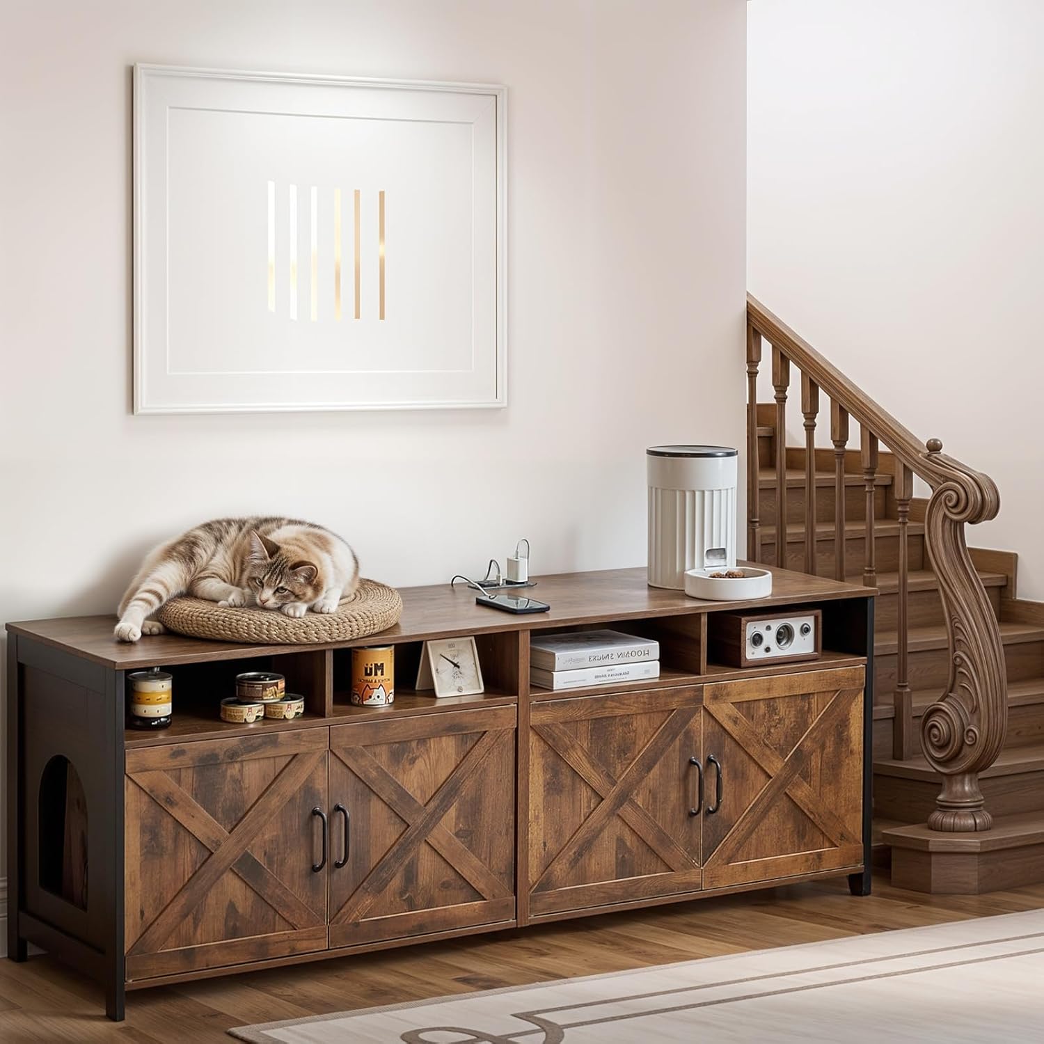 Corner Cat Litter Box Enclosure, 31.5" Hidden Litter Box Furniture for 2 Cats, Indoor Cat House End Table with Double Room, Vintage Brown