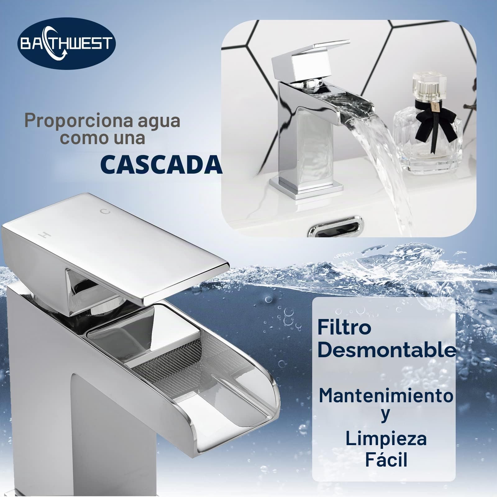 Grifos de lavabo cuadrados de cascada con desagüe, grifos monomando de latón cromado monobloque con tapón de fregadero 612M