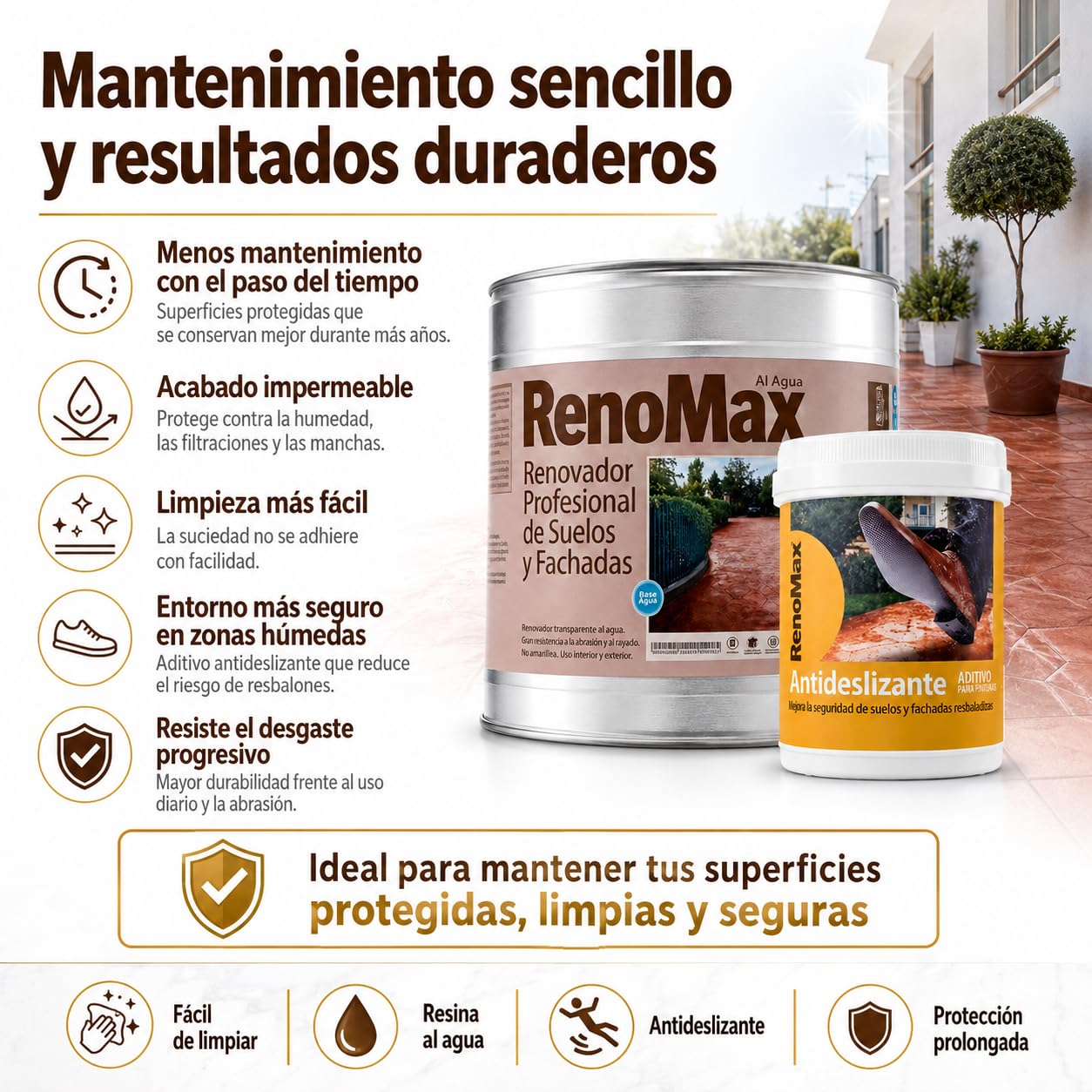 Renomax - Resina Hormigon Impreso y Superficies Porosas Al Agua + Aditivo Antideslizante en Polvo, 5L Cubre hasta 50m² | Repara y Protege Suelos,Fachadas | Garantía 5 Años, Certificado C3