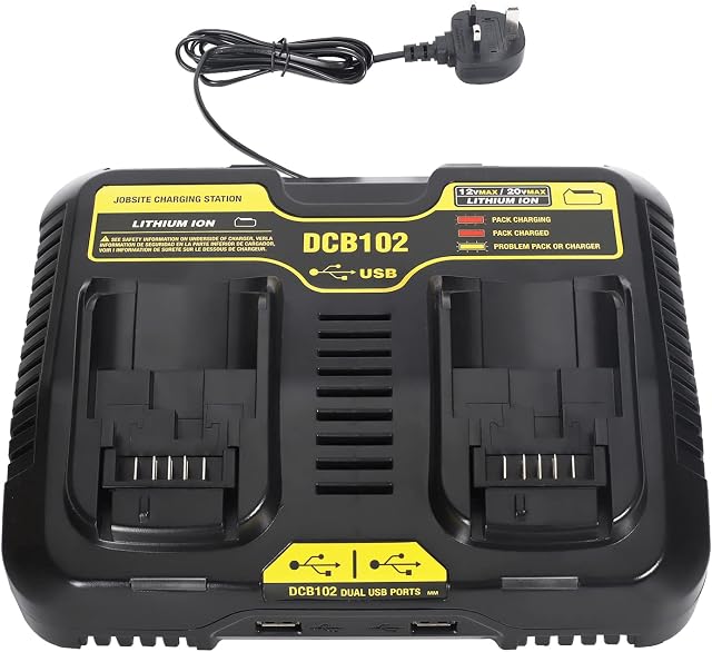 DCB102 Battery Charger 3.0A YEX-BUR Dual Port Charger for Dewalt 18V 20V Li-ion Battery DCB183 DCB184 DCB204 DCB203 DCB206-2 Fast Charging with 2 USB Ports 5V 2.1A Replace DCB102BP DCB112 DCB115