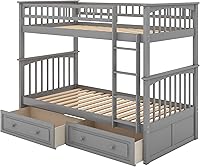 Vista 21 de Harper & Bright Designs Litera de tamaño matrimonial sobre matrimonial con 3 cajones, litera de madera maciza con almacenamiento y riel