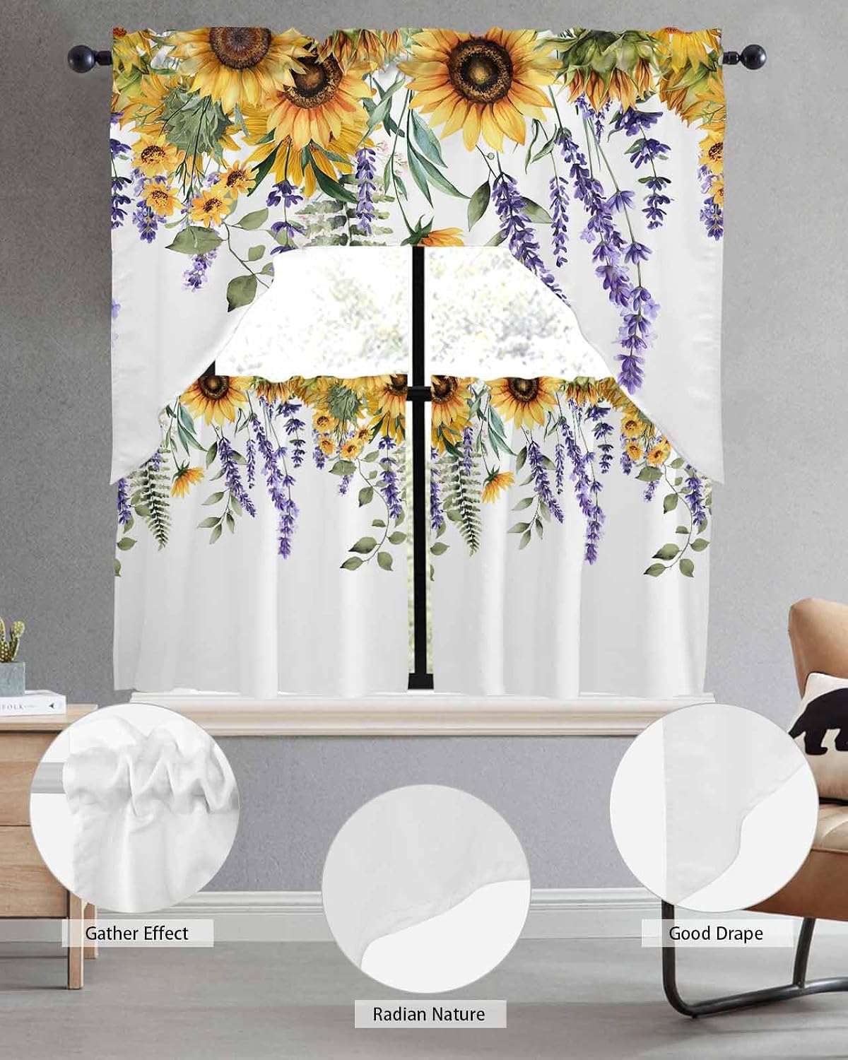 Spring Summer Flowers Swag Kitchen Curtain Sets with Valance,3 Pieces Rod Pocket Curtain Drapes for Bedroom Bathroom Cafe Windows,Sunflower Lavender Eucalyptus White 56''x36''&36''x27.5''x2Panels