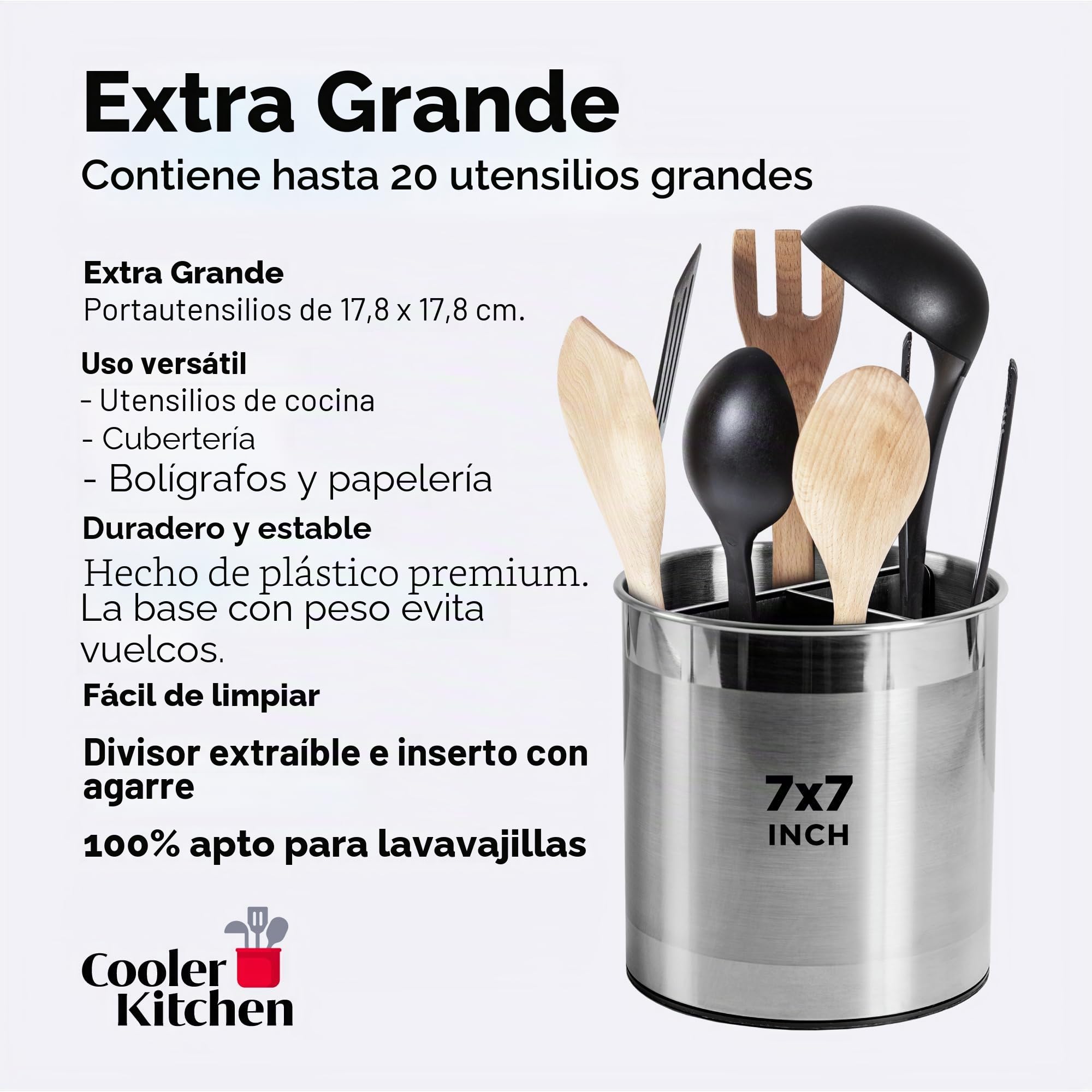 Soporte para Utensilios de Cocina COOLER con Base Estable Antivuelco, Divisor Removible y Fondo con Inserto Antideslizante. Lavavajillas