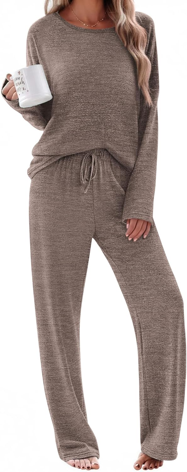 Ekouaer Pajama Set Womens Long Sleeve Sleepwear Pullover Top and Pants Cozy Loungewear Soft Pjs Lounge Set with Pockets S-XXL