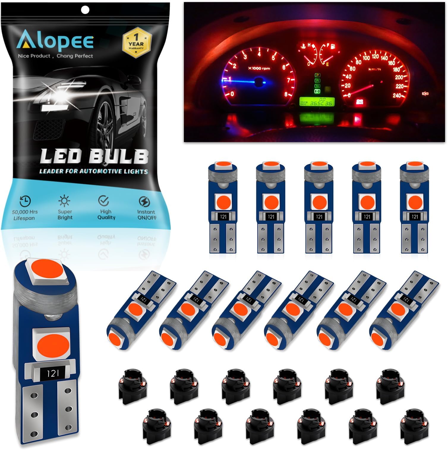 Alopee Pack of 12 Red T5 LED Bulbs with Socket 12V 20Lumens 3SMD 3030 – Car Dashboard Bulb, Compatible with W1.2W 2721 2723 74 37 286 PC74 PC37