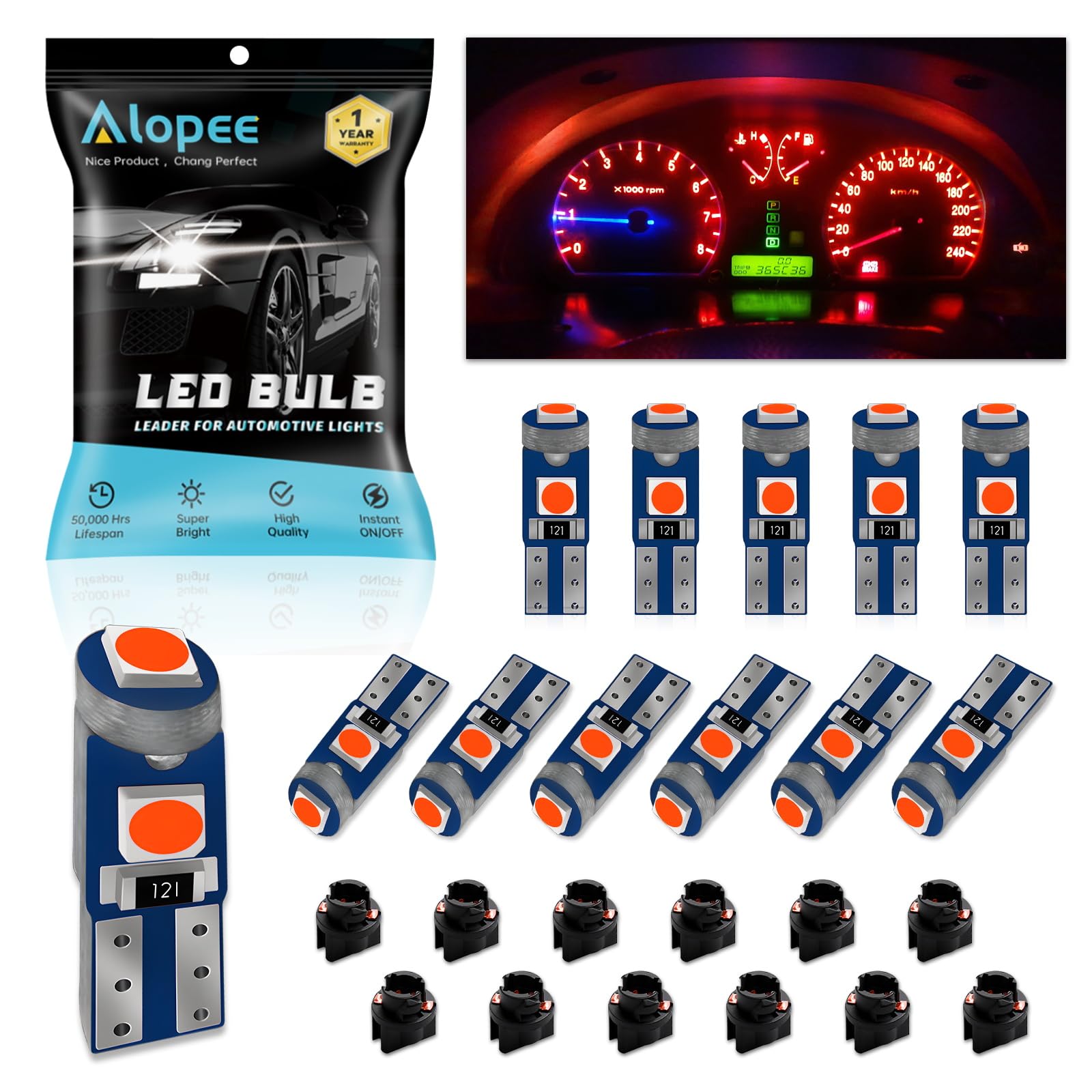 Alopee Pack of 12 Red T5 LED Bulbs with Socket 12V 20Lumens 3SMD 3030 – Car Dashboard Bulb, Compatible with W1.2W 2721 2723 74 37 286 PC74 PC37