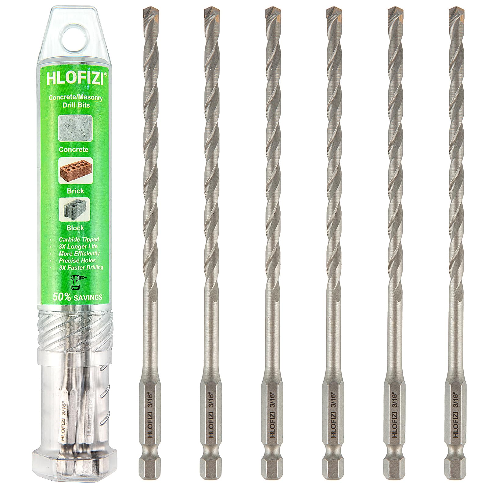 HLOFIZI 3/16" x 8" Masonry Drill Bits (6 Pack) Concrete Hammer Drill Bits Carbide Tipped, for Cement, Brick, Stone, Hex Shank