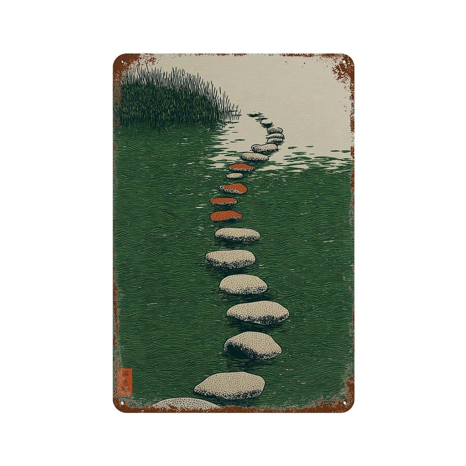 xiaoxiaoshen Japanese Garden Stepping Stones Green Minimal Nature Landscape Zen Woodblock Sty Wall Decor Art Metal Tin Poster Modern Home Decor Art Home Bar Shop Decorations Vintage Sign 30x20cm
