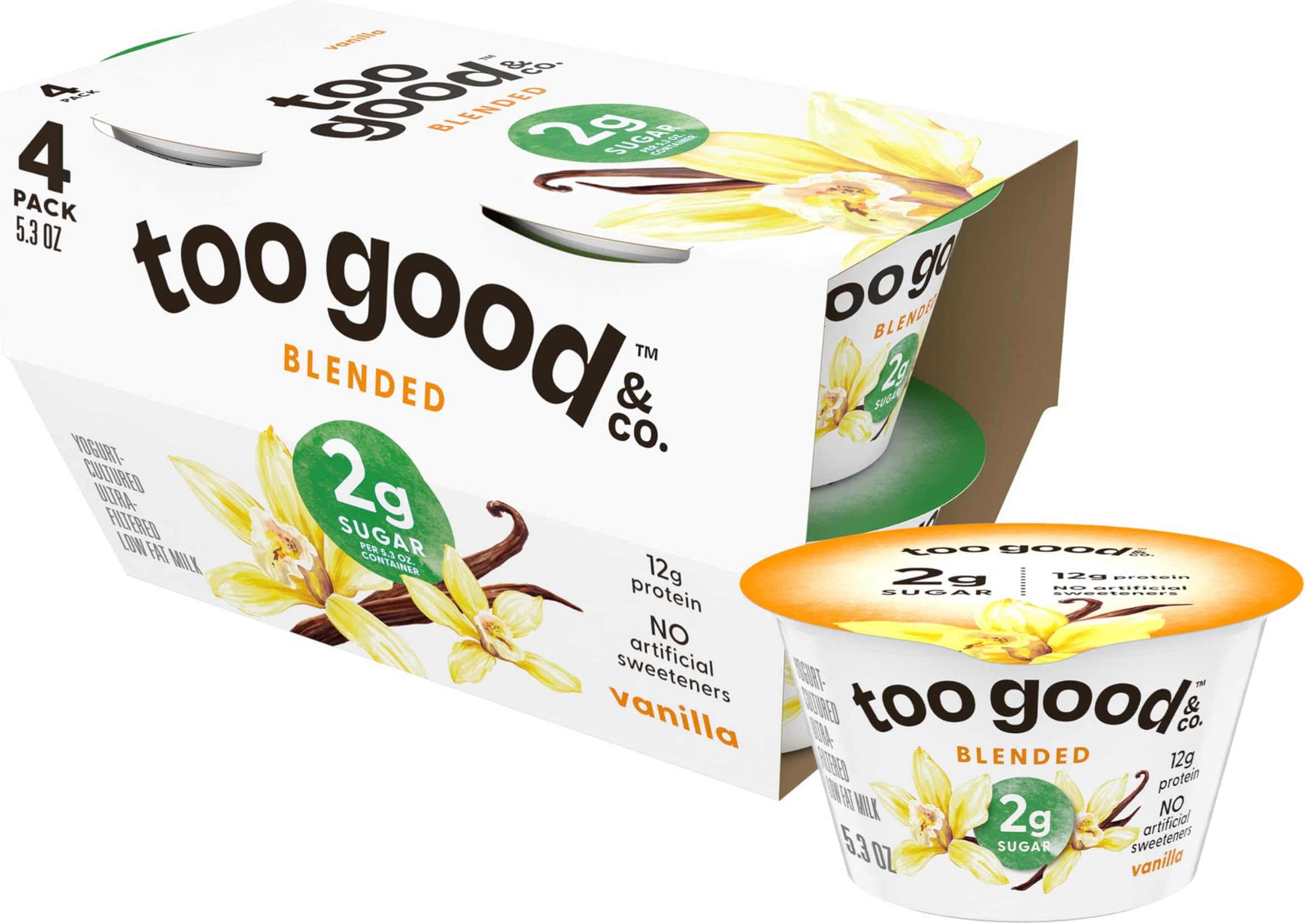 Two Good Low Fat Greek Yogurt, Vanilla, Lower Sugar, Gluten Free, With 2g of Sugar, 5.3 oz., 4 Pack