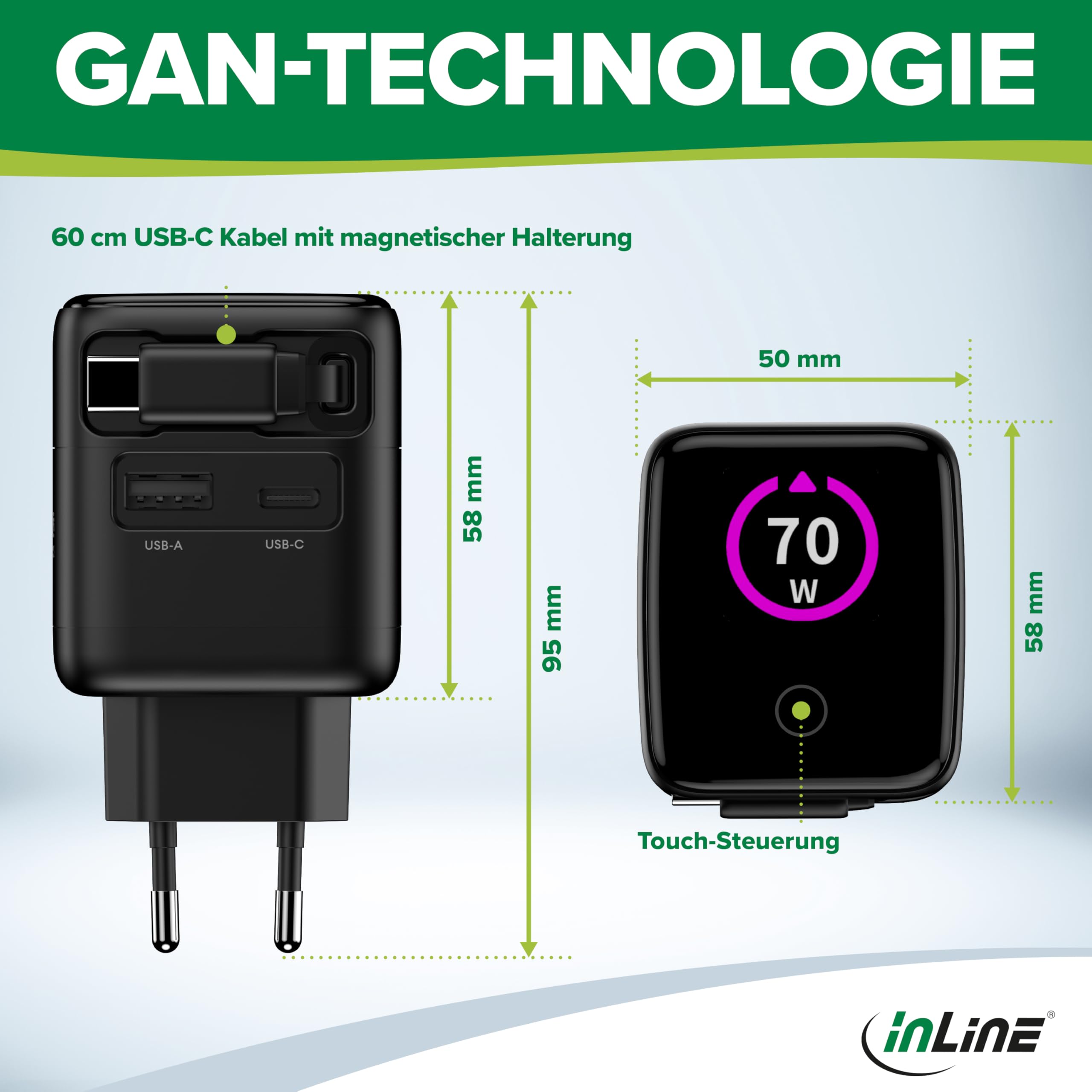 Inline Caricatore USB C & USB A 70 W, con cavo estraibile, alimentatore GaN con display, Power Delivery & Quick Charge, nero, 31507R