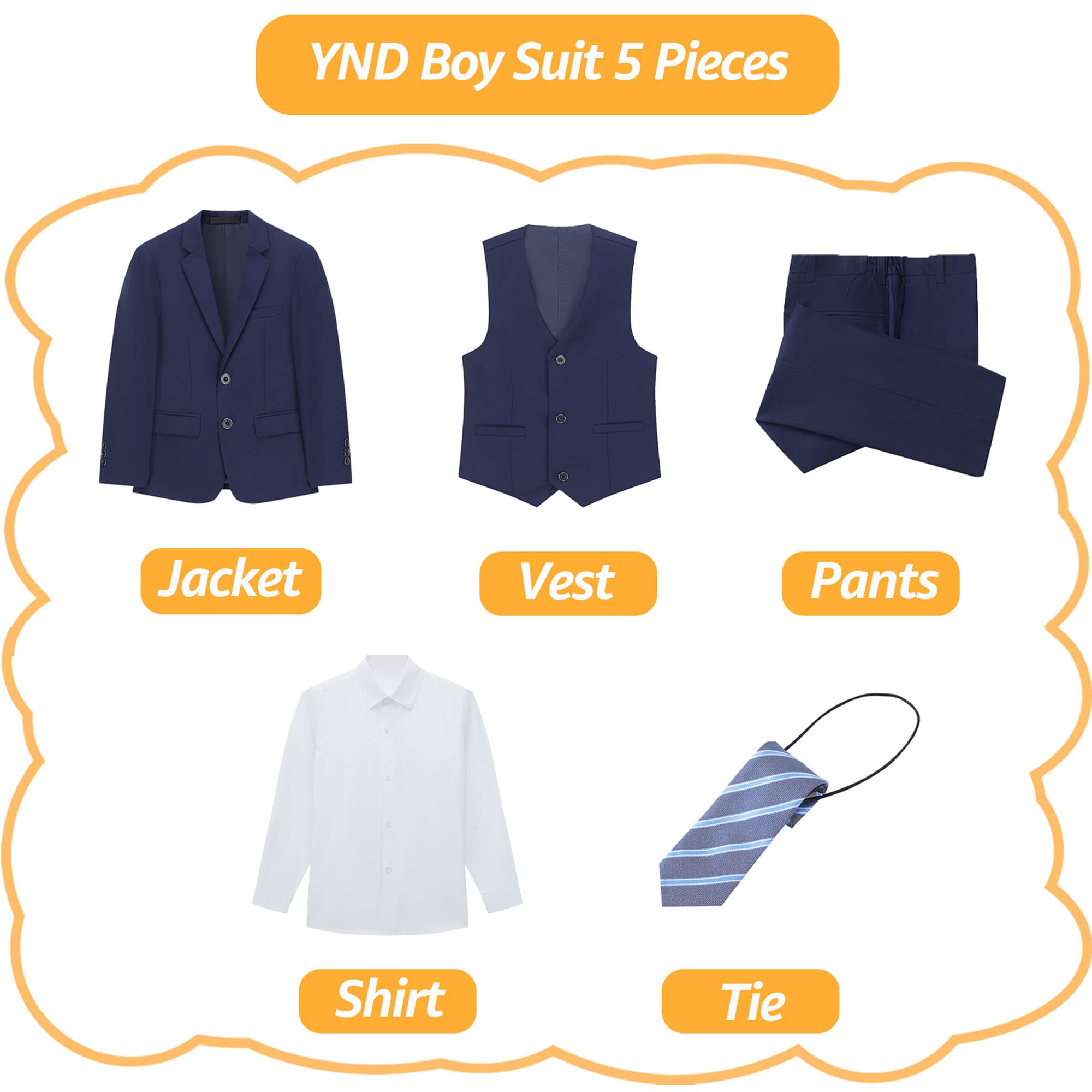 YND Formelle schmale Passform, 5-teilige Anzüge für Kinder, Jacke, Weste, Hose, Hemd und Krawatte für Hochzeit, Abschlussball