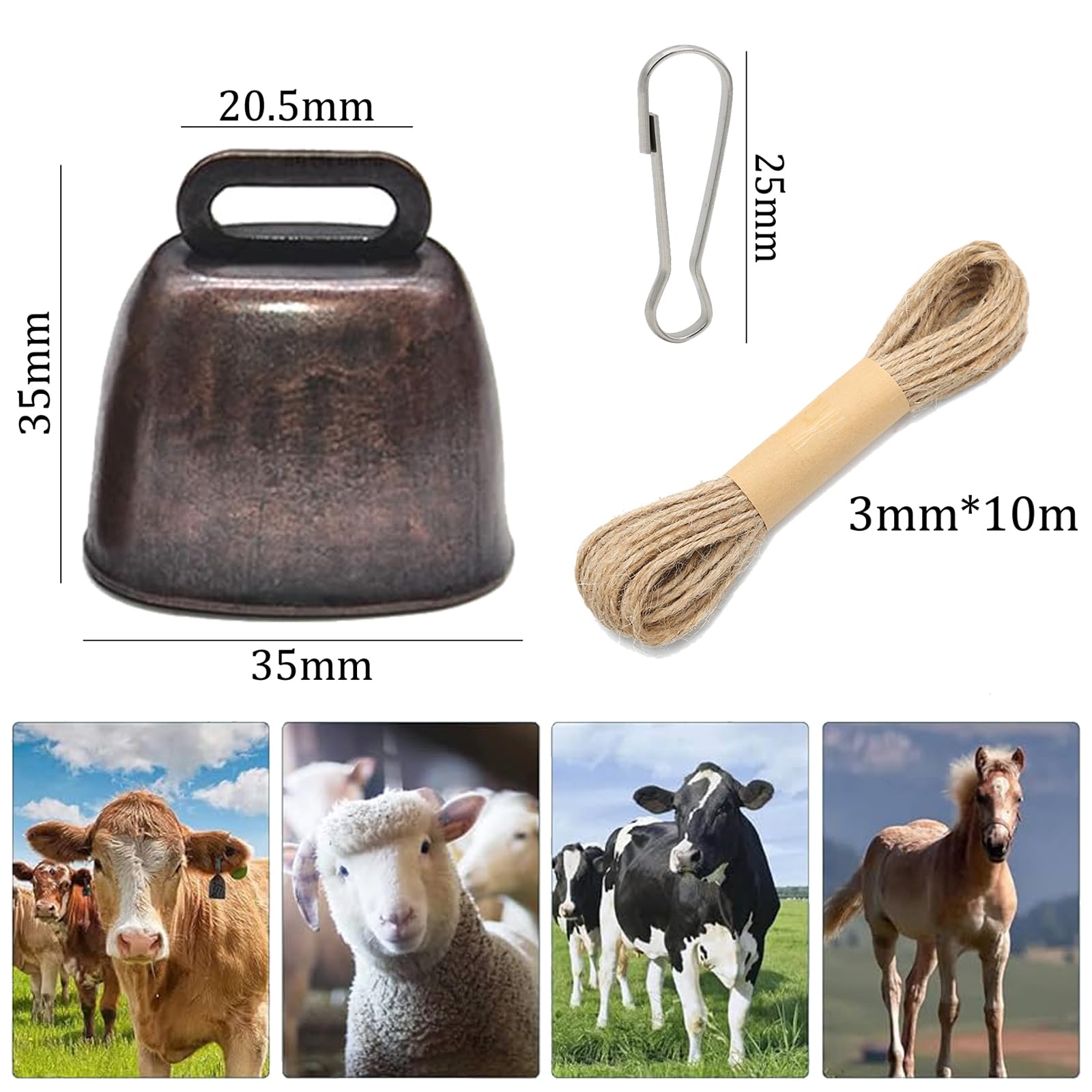 Campana di Rame per Pascolo 8 Pezzi con Fibbie Metalliche e Corda di Canapa per Bovini