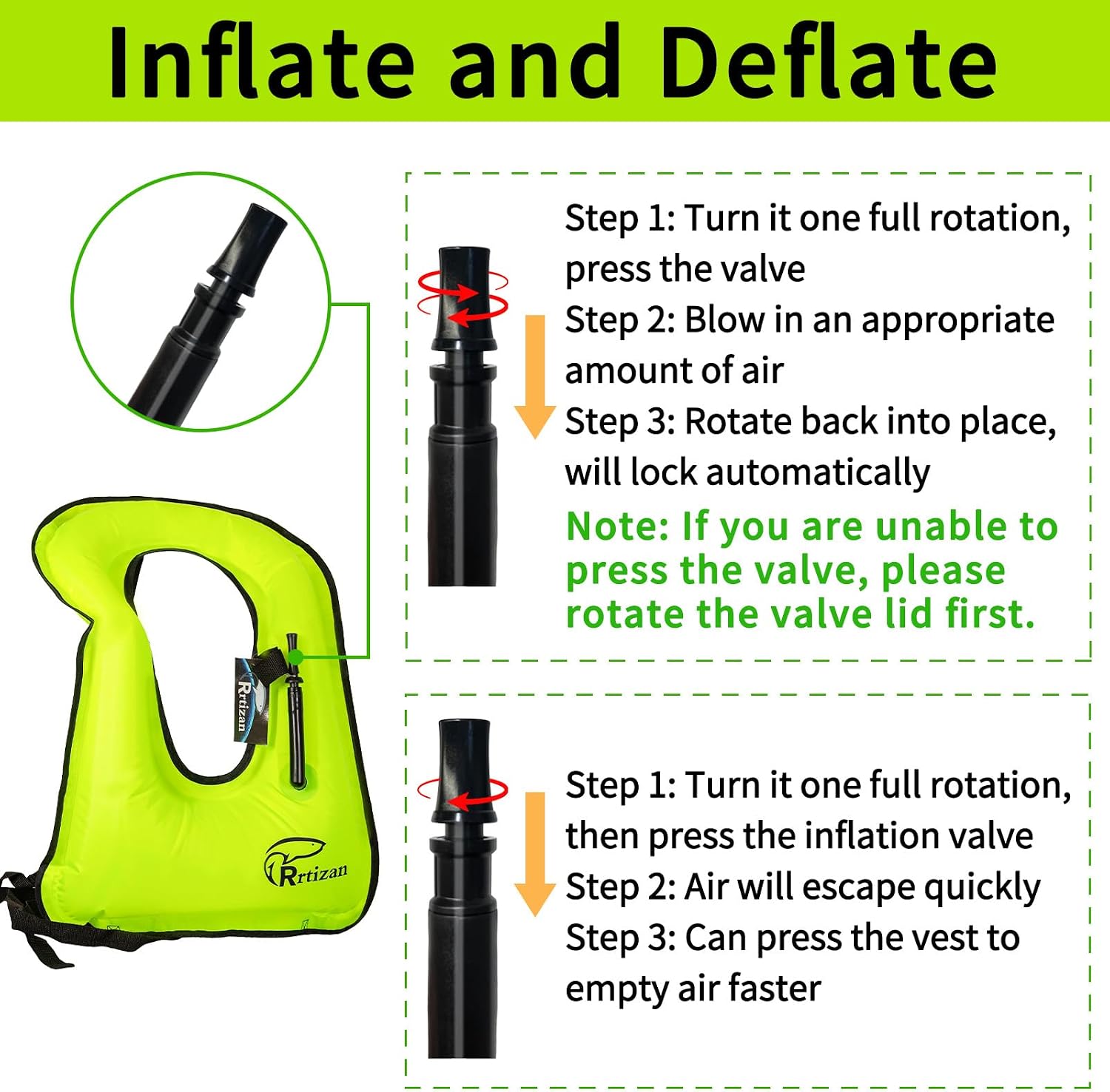 Rrtizan Snorkel Vest, Adults Portable Inflatable Swim Vest Jackets for Snorkeling Swimming Diving Safety Load up to 220 Ibs