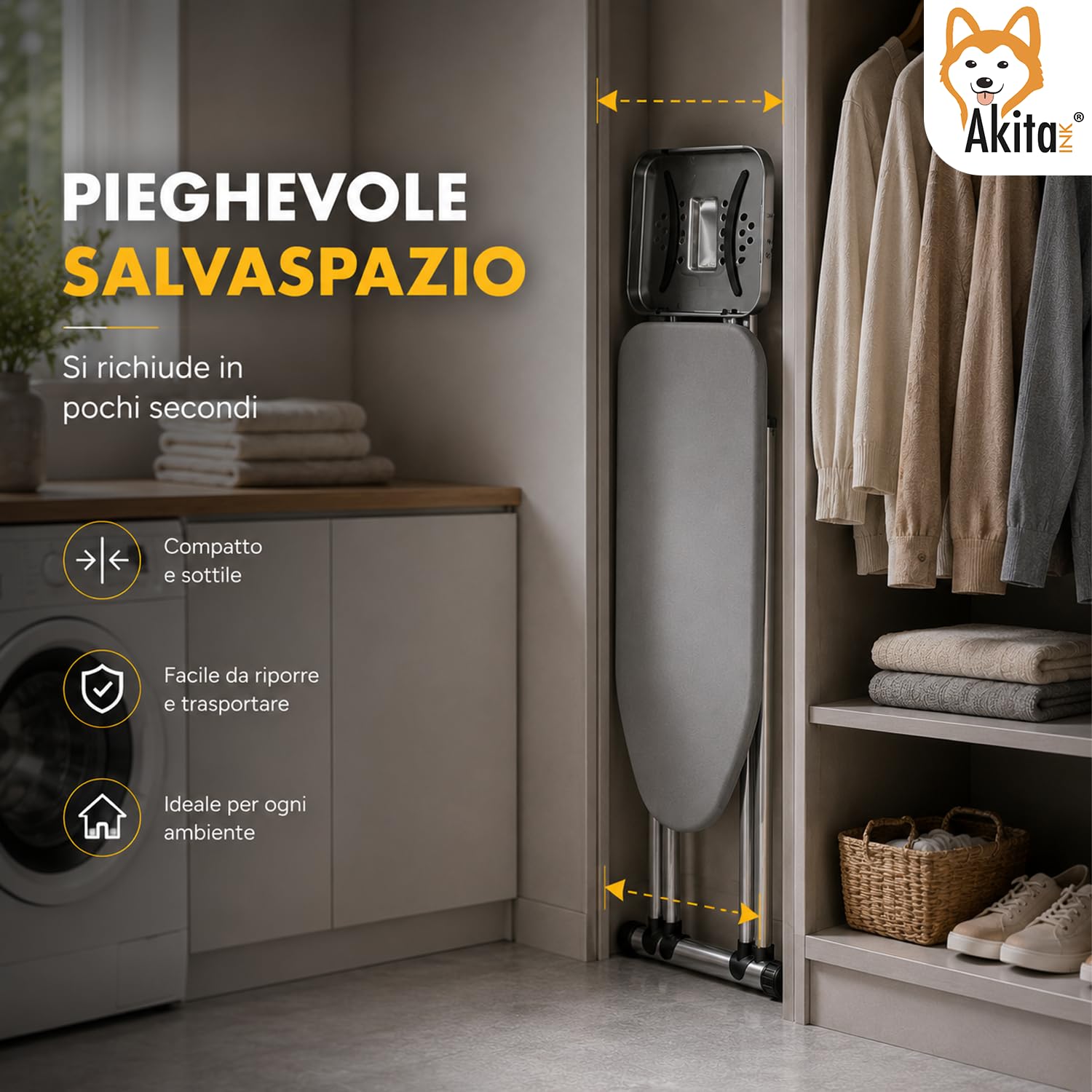 AkitaInk Asse da Stiro con Presa Integrata 125x43 cm, Tavolo da Stiro Pieghevole in Acciaio con Altezza Regolabile, Poggiaferro e Piedini Antiscivolo
