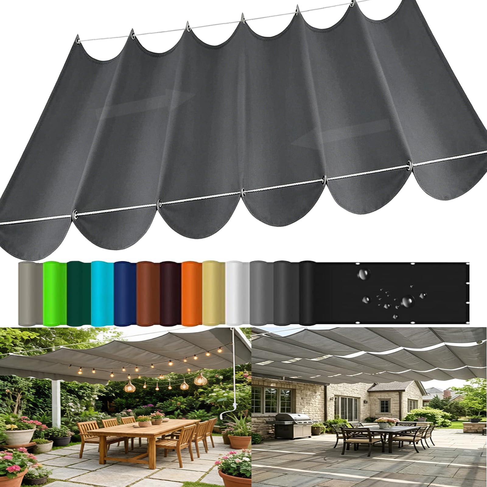 Retractable Wave Sun Shade Sail, Sun Protection Waterproof Wave Awning Canopy with Eyelets and Rope, Outdoor Pergola Adjustable Shade Cover for Yard Deck Lawn Garden Patio-Dark gray||50x300cm