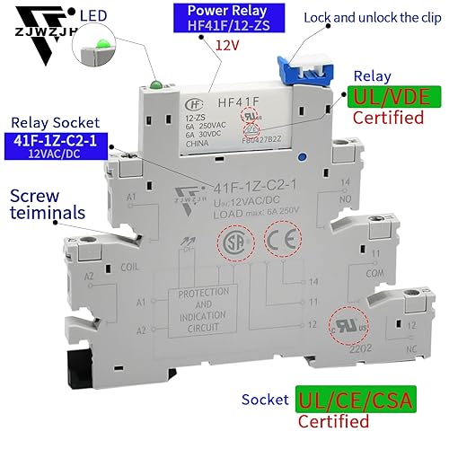 Miniatura 5 de ZJWZJH Relé de potencia miniatura 12V CCAC HF41F12-ZS 5 pines 1NO 1NC 6A SPDT, base de enchufe con indicador LED 41F-1Z-C2, con carril DIN, 3 relés