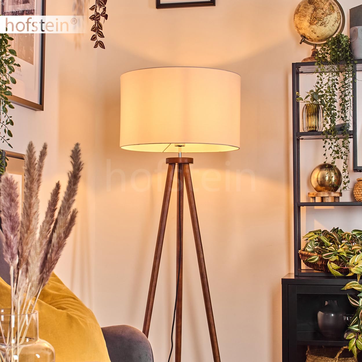 Stehleuchte Flemming, Stehlampe aus Holz/Stoff in Dunkelbraun/Weiß, Leuchte im skandinavischen Design mit rundem Schirm (Ø 50 cm) u. Fußschalter, Höhe 155 cm, 1 x E27, ohne Leuchtmittel