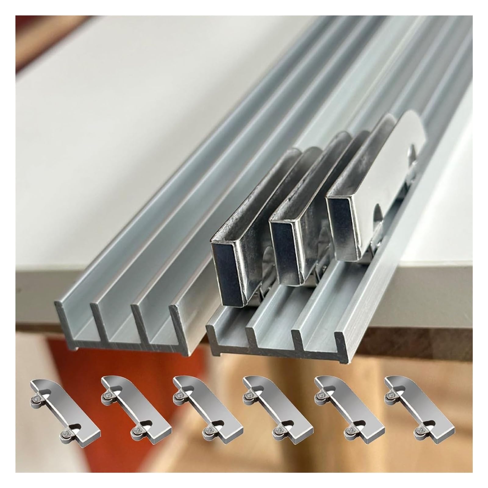 Robustes Dreifach-Schiebetür-Schienen-Set, 3-spurig aus Aluminiumlegierung mit 6 Rollen for 3–5 mm dicke Glas-/Holztüren, Kleiderschrank, Schrank und Vitrine(7.5ft/230cm)