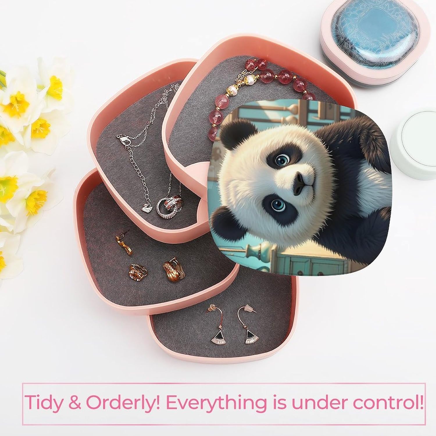 Jewelry Storage Box Anime Panda Face Rotating Jewelry Accessory Storage Tray with Lid for Earrings Rings Necklaces Bracelets image 5