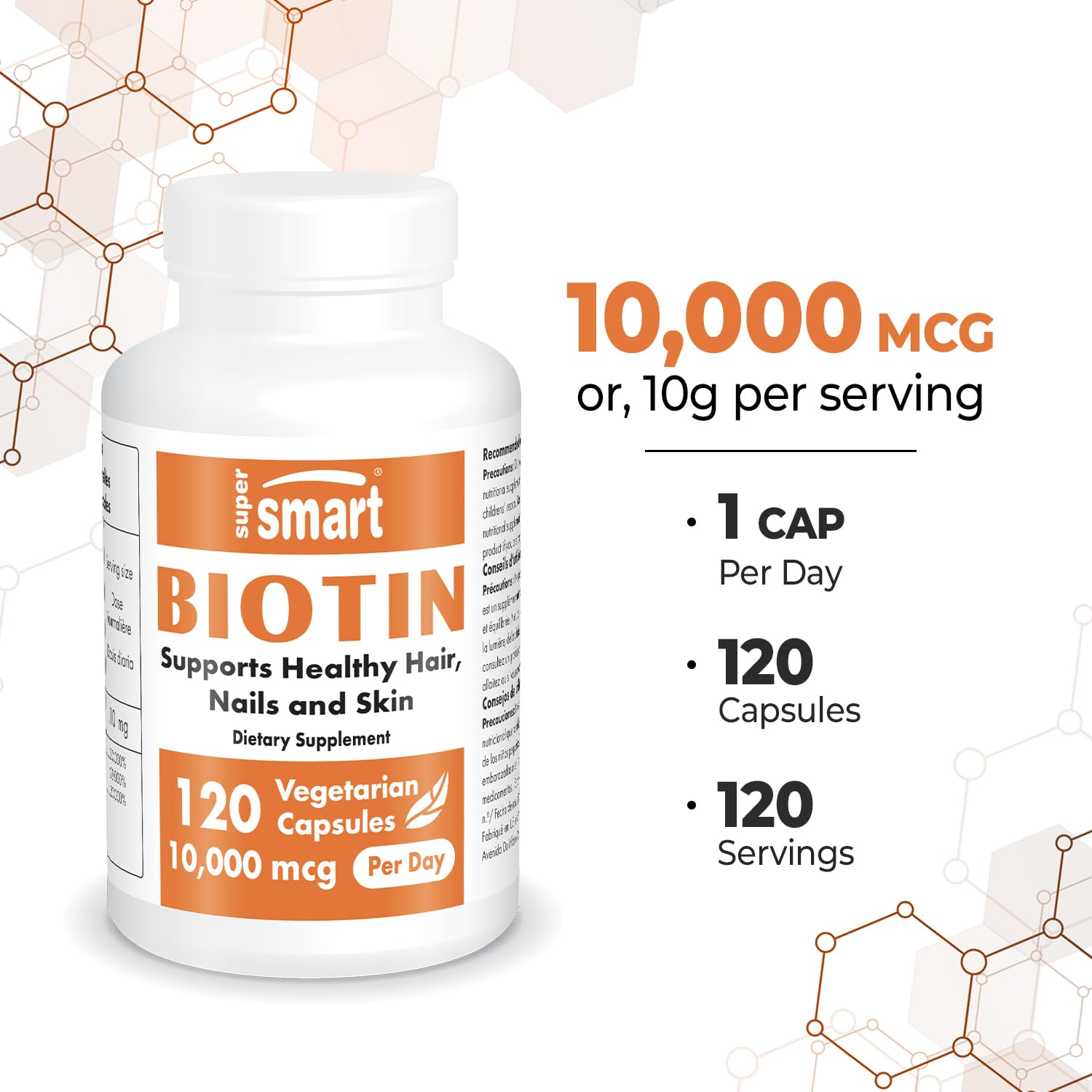 Supersmart - Biotin 10,000mcg / 10g per Day (High Potency) - Vitamin B7 Biotin Supplement - Healthy Hair, Skin & Nails | Non-GMO & Gluten Free - 120 Vegetarian Capsules — Amazon image 5
