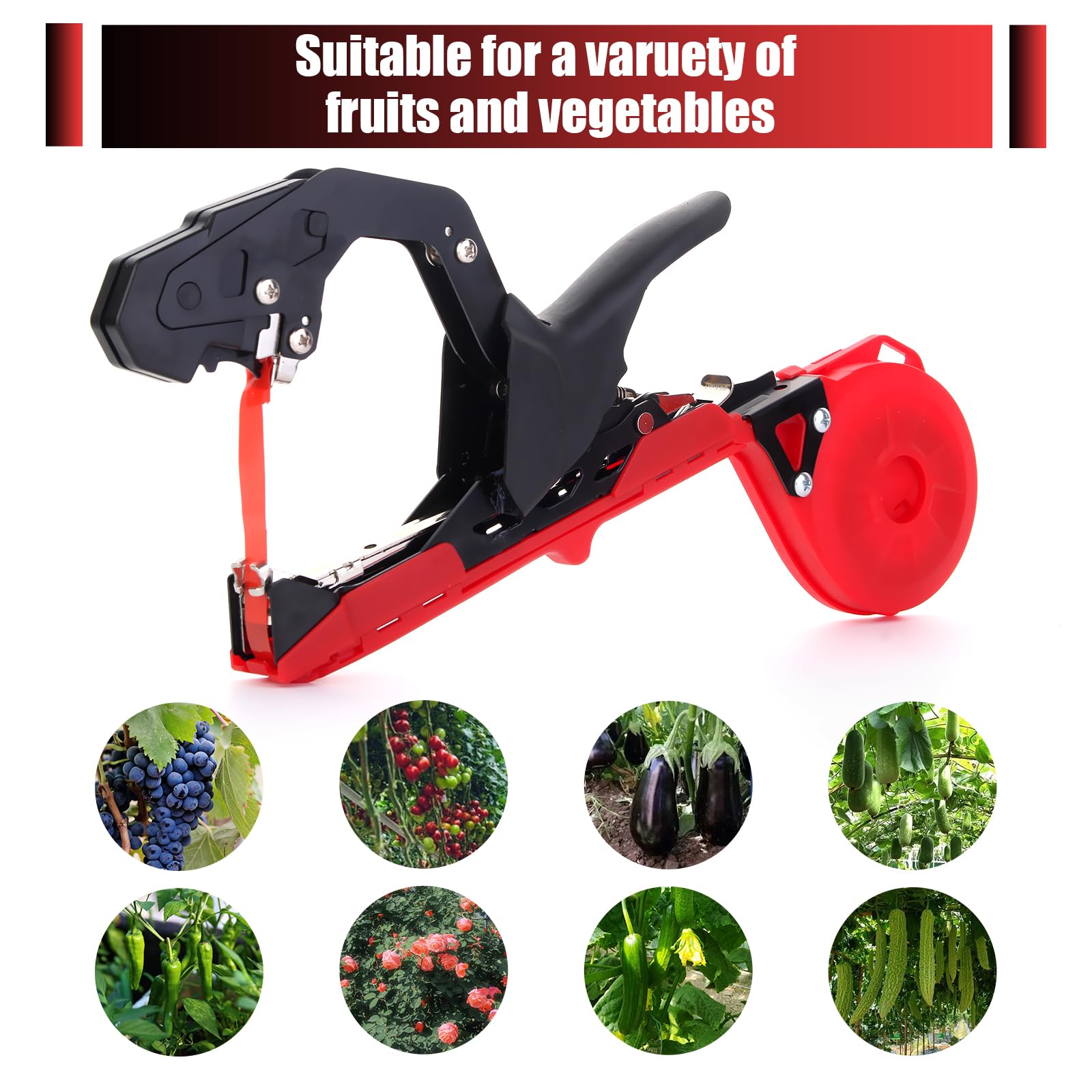 Máquina atadora de plantas, herramienta de atado de plantas con 10000 grapas, 20 rollos de cinta para plantas, pistola de cinta para uvas, frambuesas, tomates y verduras de vid (rojo)