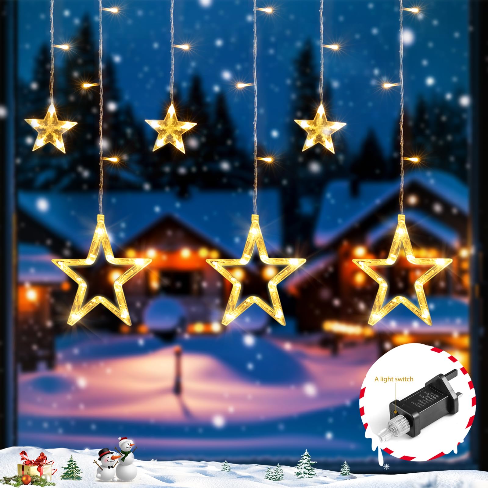 Quntis Christmas Star Window Lights Mains Powered Warm White 2M 138LED 12 Star Christmas Curtain Lights Connectable Icicle Fairy Lights Indoor Outdoor Decoration for Home Bedroom Garden Party Wedding