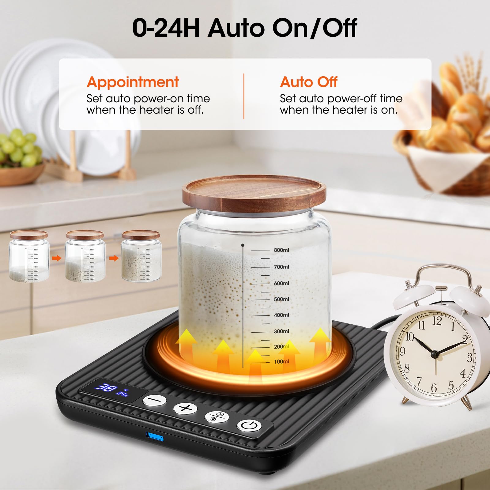 MQFORU Chauffe-levain - Contrôle précis du thermostat de 1 °C (21 à 38 °C) - Tapis chauffant au levain - Chauffe-eau pour démarrage au levain - Minuterie 0 à 24 h - Marche/arrêt automatique - Fonction