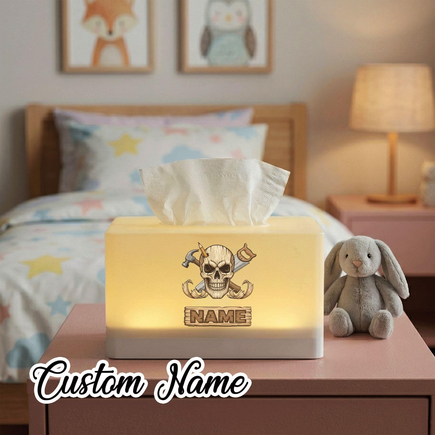 Personalized Carpenter Skull Tissue Box Cover with LED Night Light, Custom Name, Rechargeable Lamp for Bedroom Decor, Woodworker Tool Theme image 3