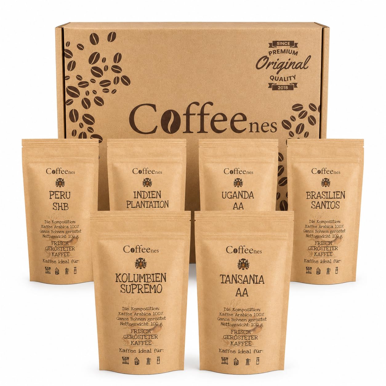 Kaffee Geschenk - Kaffeebohnen Geschenkset 6x100g Probierset Arabica für Vollautomaten | Single-Origin aus 6 Ländern, Ganze Bohnen | Geschenkidee für Kaffeeliebhaber, Männer & Frauen | Coffeenes