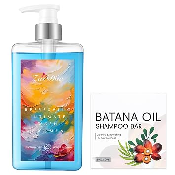 Mens Intimate Wash & Batana Oil Shampoo Bar Set, Gentle Daily Cleansing Wash Care, Solid Shampoo Bar for Scalp and Hair, Travel Friendly Personal Care Kit, 10.14fl oz