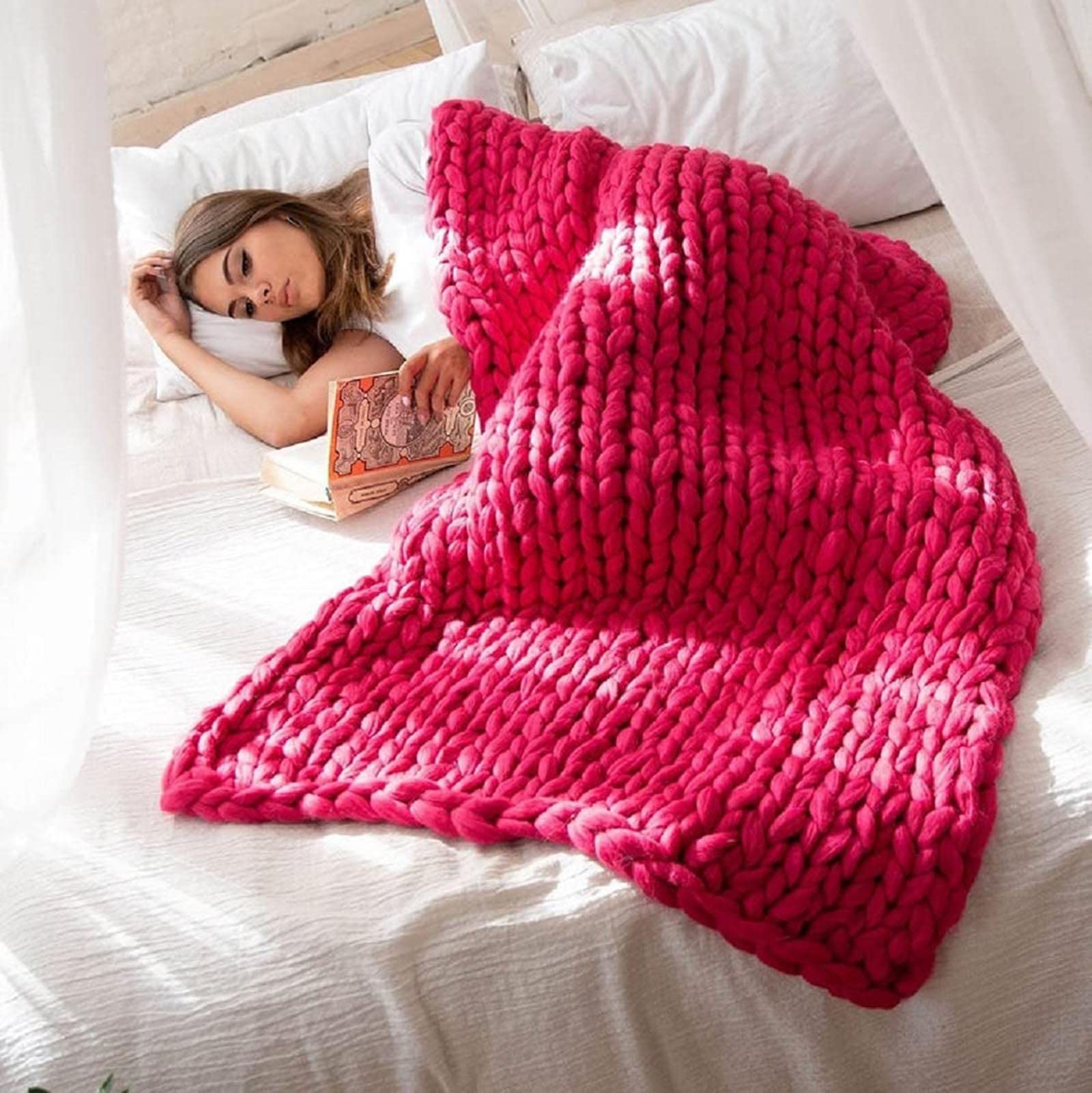 Tiro de Punto Grueso Manta Tejida A Mano de Lujo Súper Suave Manta Cálida y Acogedora para Cama, Silla, Sofá, Alfombra de Yoga, Decoración del Hogar,Rose Red,130x170cm