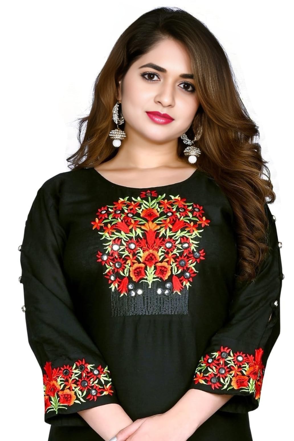 Women's Black Kurti with Floral Embroidery, (Regular and Plus size)-image-1