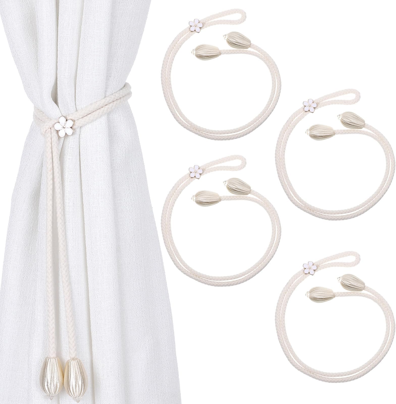 4 Pcs Curtain Tie Backs No Drilling, Rope Curtains Tiebacks Tassel Style, Boho Curtain Holders for Living Room Bedroom Outdoor Yard Garden, Beige (Fits Black Blue Light Color Curtains)