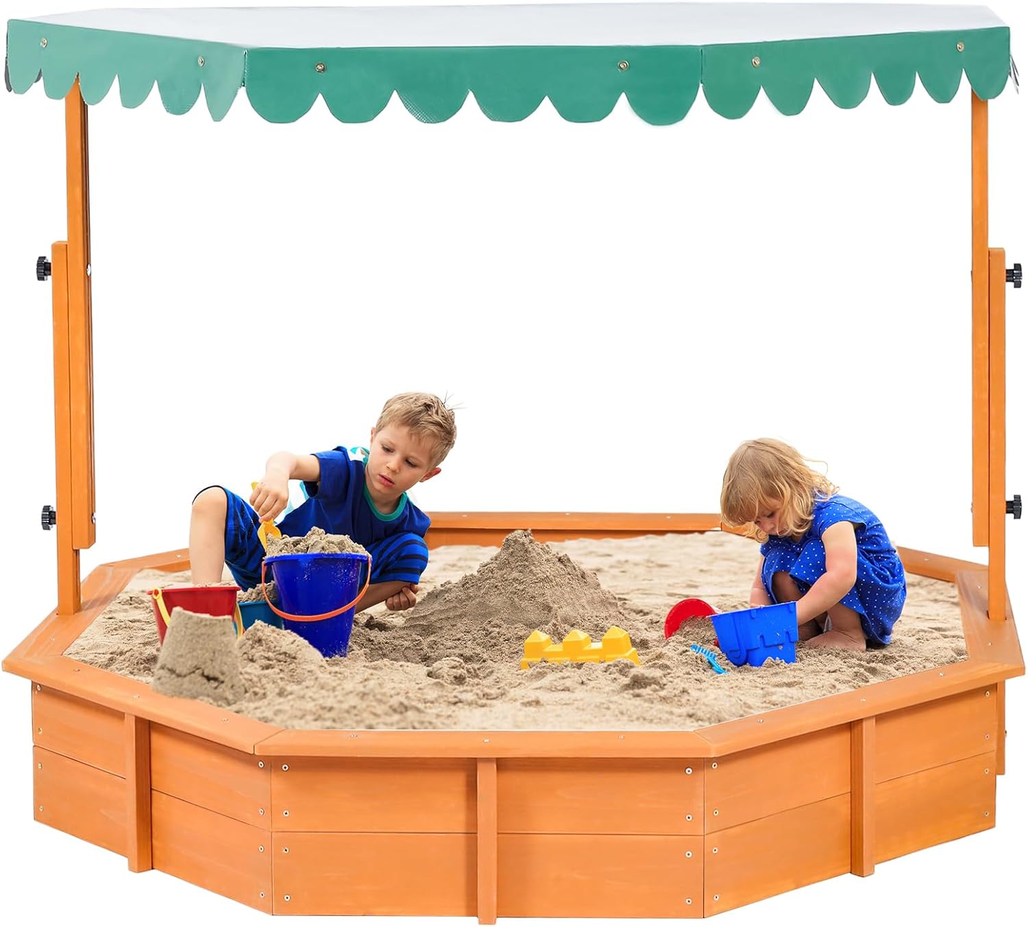 Sandbox with Lid Wood Toddler Sand Boxes with Canopy for Backyard Garden Octagonal Sandbox with Cover Outdoor Playhouse with Adjustable Lid for Aged 3-10 Years Old