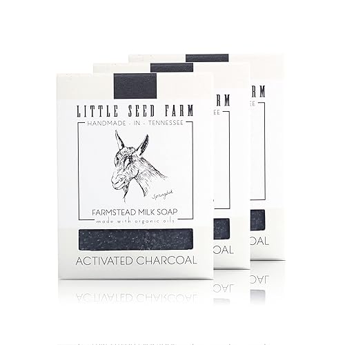Little Seed Farm Jabón orgánico de leche de cabra, paquete de 3 barras faciales y corporales de carbón activado, hecho a mano y libre de crueldad,
