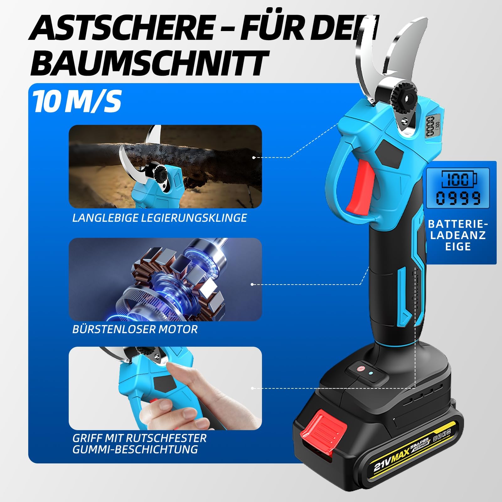 Batterie 4 en 1 - Mini tronçonneuse de 15,2 cm avec télescopique de 2,5 m + sécateur électrique de 35 mm, hauteur de travail jusqu'à 4,6 m, avec 2 piles de 21 V incluses - Idéal pour l'entretien des