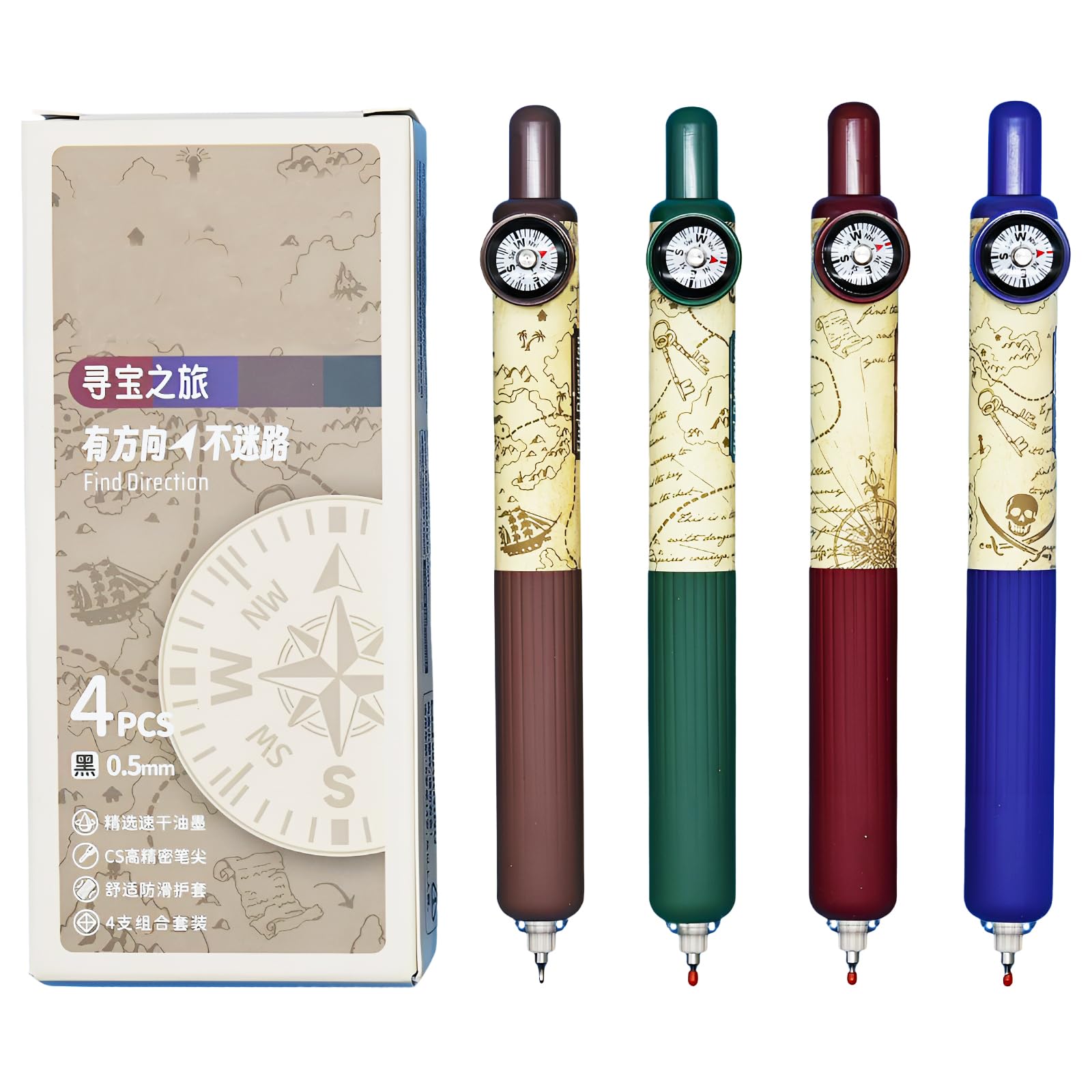 Maydahui 8 Pcs Creative Compass Short Round Pocket Pens Mini Thick Pens Comfort Grip Orienteering Compass Find Direction Antique Map Prints Black Ink