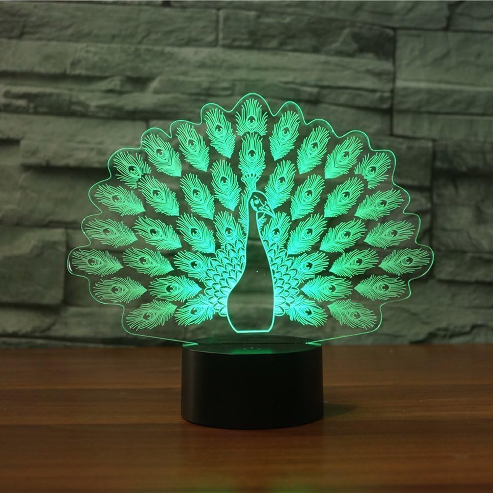 LED Night Light,WONFAST 3D Visualization Amazing Optical Illusion 7 Color Changing Touch Button USB Powered Home Decor Lamp Desk Lamp Gift for Kids Christmas (Peacock)