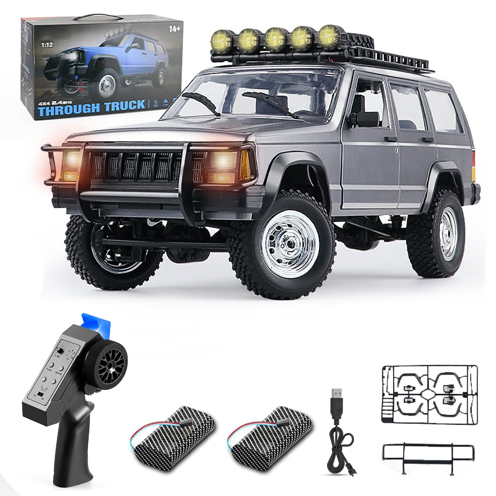 Goolsky RC Rock Crawler, 1:12 Scale Remote Control Car, 4WD Off Road RC Truck, 2.4Ghz All Terrains Climbing Vehicle, RC Car with LED Lights for Adults, Include 2 Batteries (Silver)
