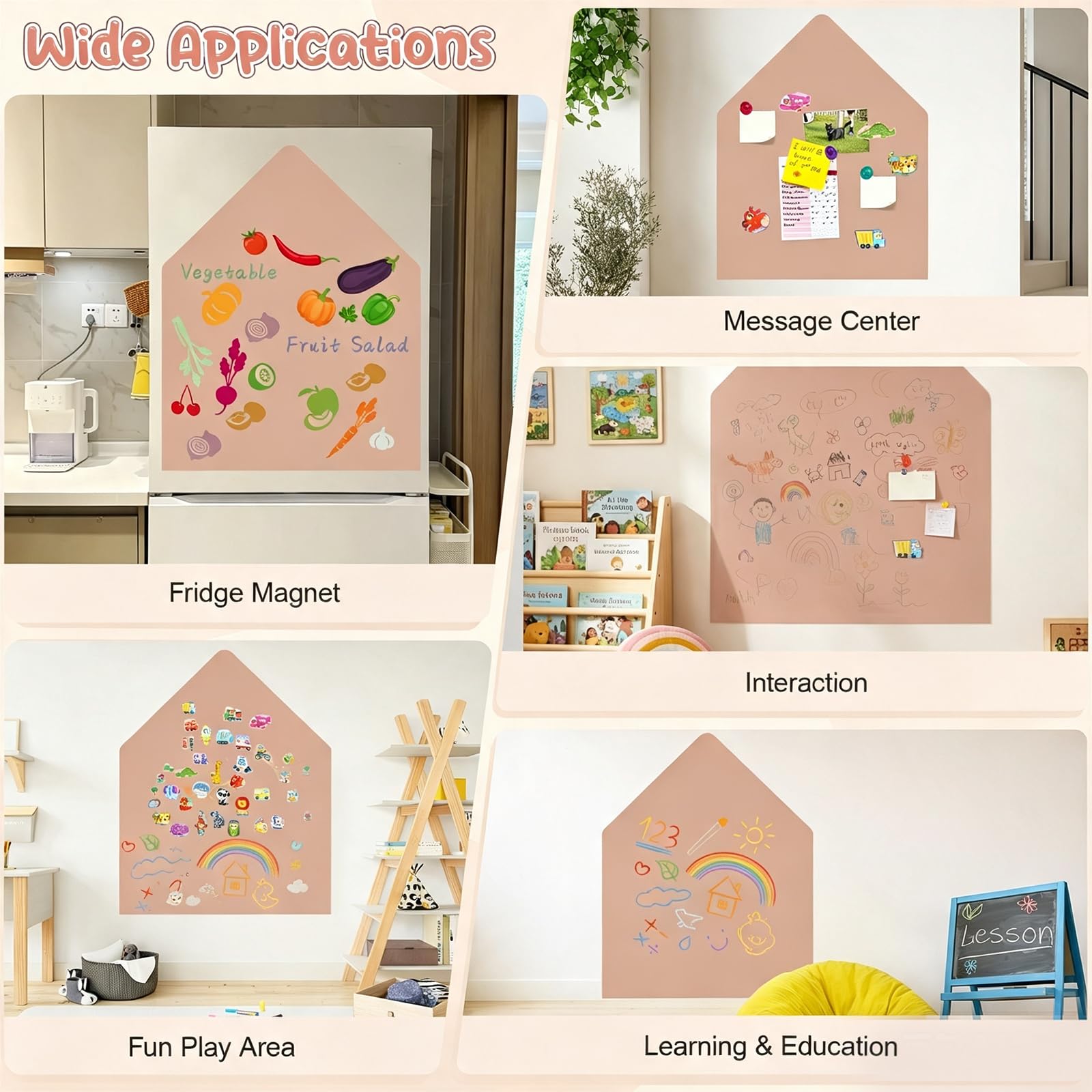 Lavagna magnetica multifunzionale con 2 set di magneti (animali e veicoli), lavagna curva autoadesiva con accessori per gesso, per pareti, vetro e legno (colori tè al latte)