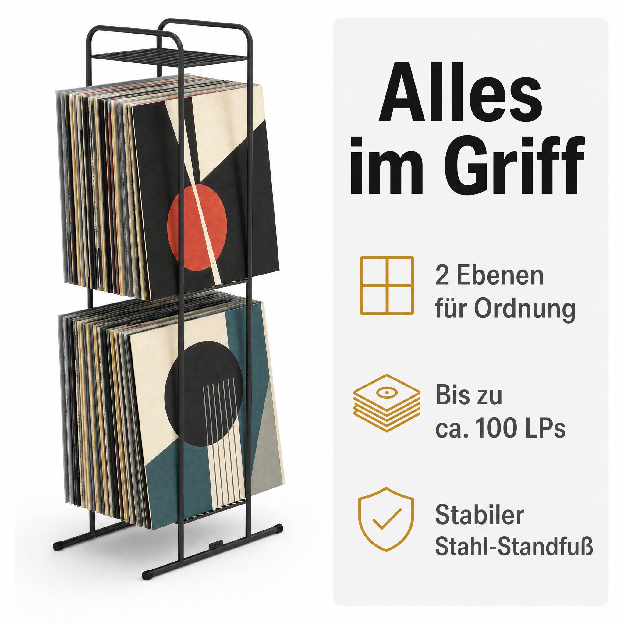 Zomo VS-Rack Vinya 100 Vinylständer – 300 x 190 x 805 mm - Schwarz - 2 Ebenen Plattenregal aus Stahl – bis 100 LPs – Moderner Schallplattenständer mit stabilem Standfuß