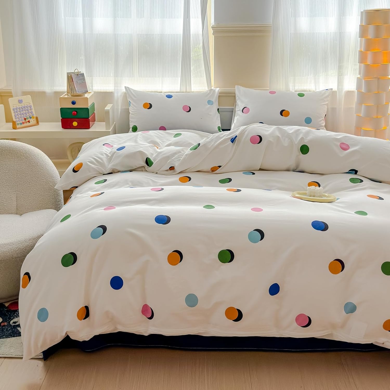 LIWHENHAO Triangles Duvet Cover Set Queen 100% Cotton Bedding Yellow Green Triangle on Gray Grey 1 Modern Abstract Geometric Comforter Cover Full 2 Pillowcases for Kids Girls Boys Woman