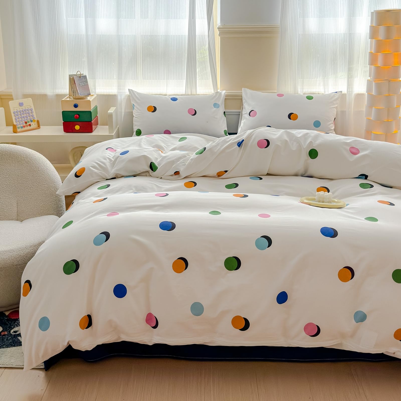 Housse de couette à pois bleu vert rose orange en coton avec 2 taies d'oreiller pour grand lit