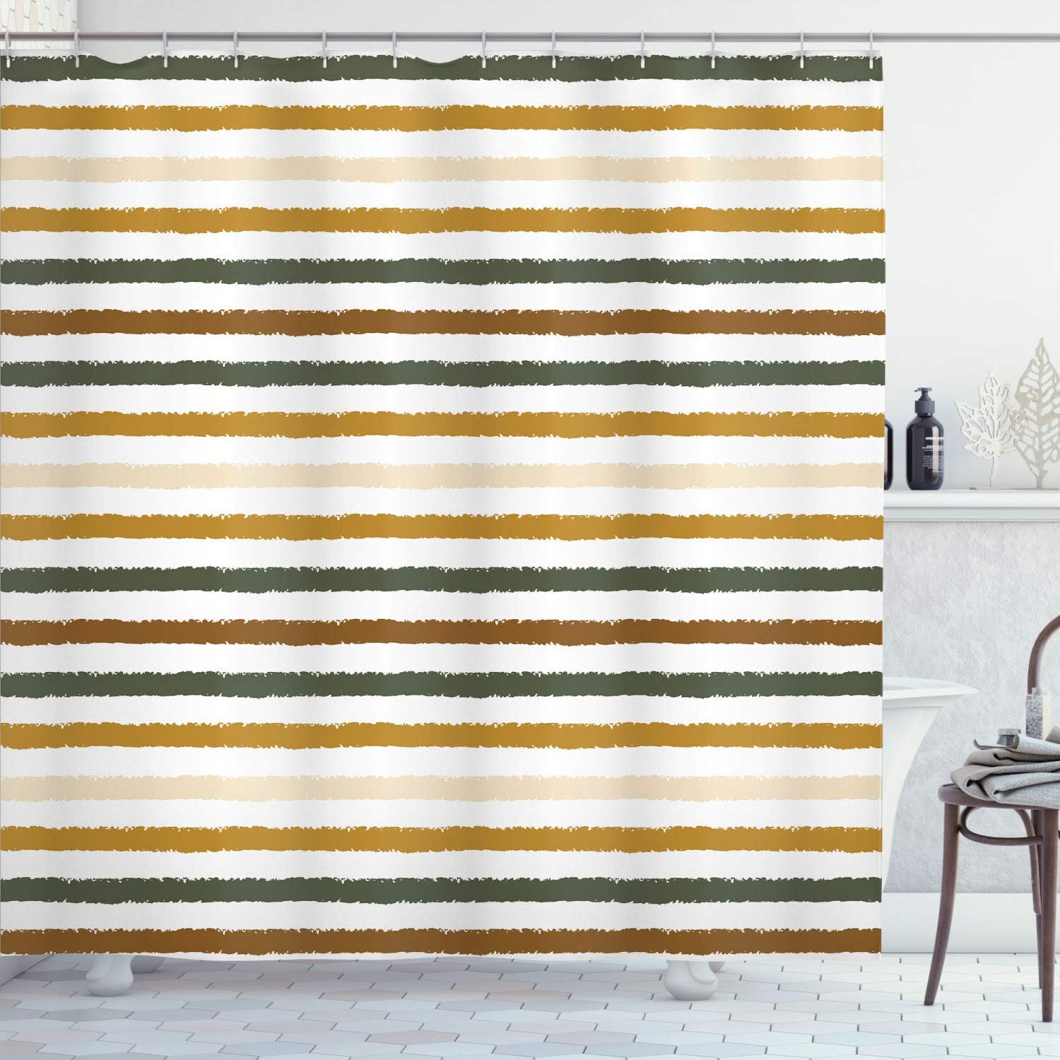 Ambesonne Striped Shower Curtain, Geometric Colorful Tone Brush Style Lines Grunge Retro Digital Print, Cloth Fabric Bathroom Decor Set with Hooks, 69" W x 75" L, Pale Coffee