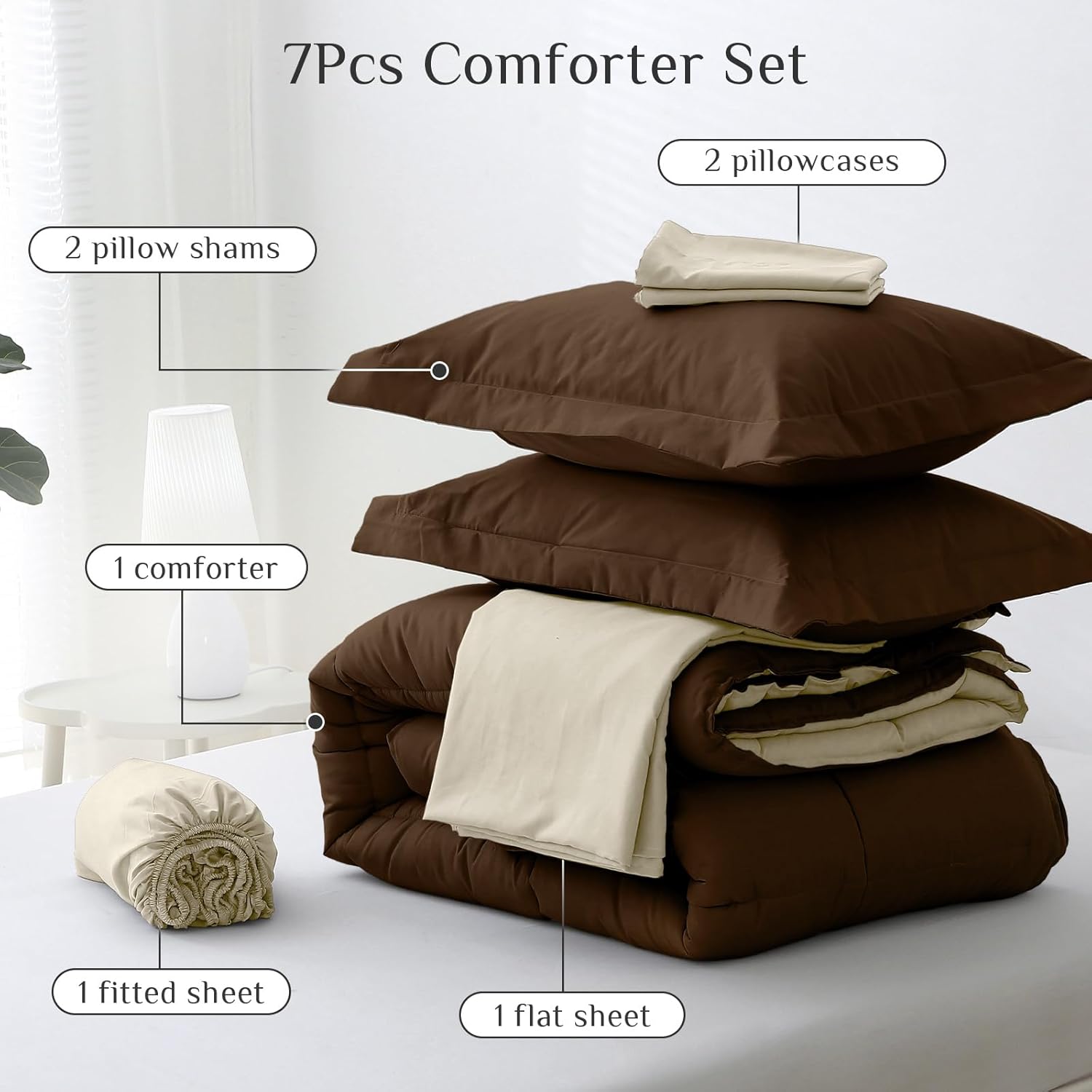 JOLLYVOGUE Queen Comforter Set, Ultra-Soft Bed in a Bag Queen Size 7 Pieces, Oeko-TEX Certified Bedding Set with Down Alternative Comforter, Sheets, Pillowcases & Shams, Brown & Beige - Image 5